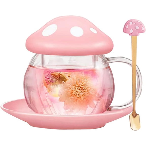 Mushroom Tea Cup Set, Cute Glass Tea Cups and Saucers, Kawaii Tea Cup with Infuser for Loose Leaf Tea Steeper, Coffee Mug Christmas Gifts for Women, Tea Infuser Mug with Lid for Mother Girls (Pink)