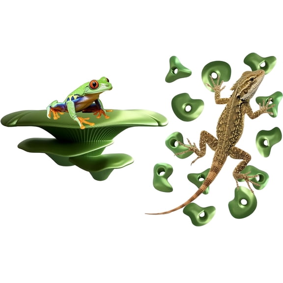 Mushroom Terrarium Decor & Climbing Hold Kit with Rock Holds, Suction Cups & Adhesive Dots for Geckos, Frogs, Small Lizards & Snakes in Dry/Semi-Moist Habitats (Lime Green)