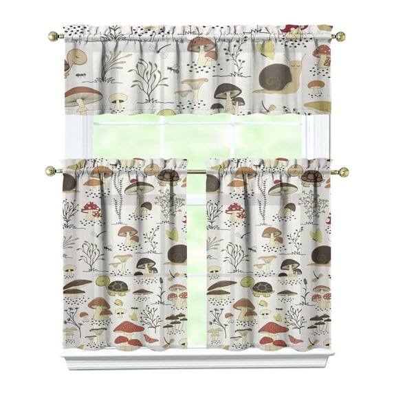 Mushroom Theme Kitchen Curtains 3-Piece - Boho Vintage Semi-Sheer Rod Pocket Window Treatment