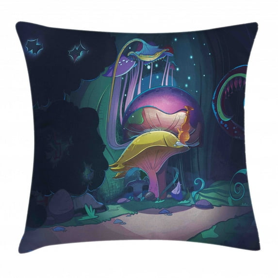 Mushroom Throw Pillow Cushion Cover, Big Magical Plant in Fairytale Forest at Midnight Children Book Design Wonderland, Decorative Square Accent Pillow Case, 20 X 20 Inches, Multicolor, by Ambesonne