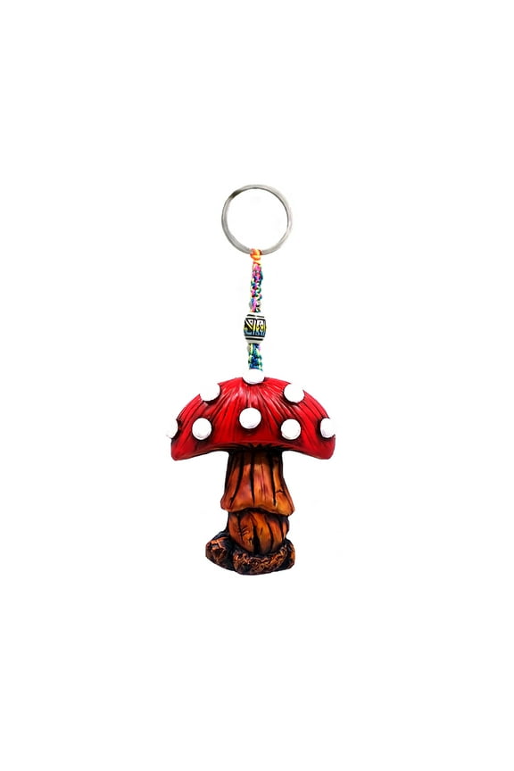 Mushroom Toadstool 3D Figurine Keychain Multicolored Macramé Metal Ring - Handmade Gifts Boho Car Keys Bag Accessories