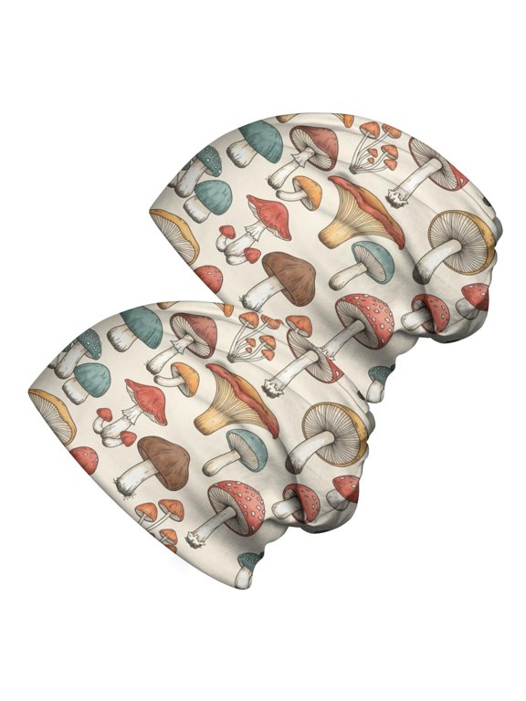 Mushroom and Toadstool Beige Pattern 2 Pack Slouchy Beanie Hat, Warm Winter Skull Cap with Stretchy Fabric & Soft Texture, Lightweight Flexible Gifts for Birthday Christmas Thanksgiving