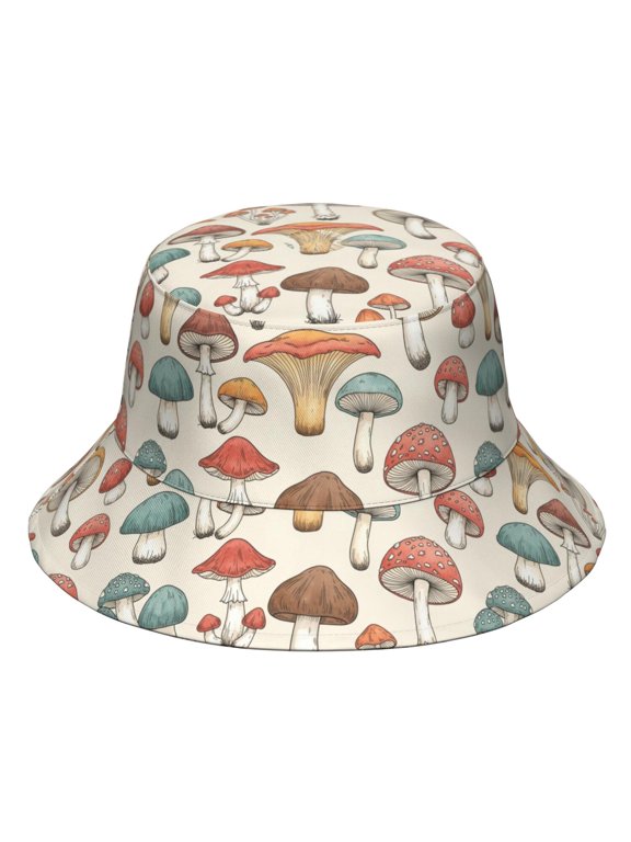 Mushroom and Toadstool Beige Pattern Bucket Hat, Travel Foldable Hat with Wide Brim & Breathable Fabric, Lightweight Breathable Gifts for Hiking Camping Fishing Beach