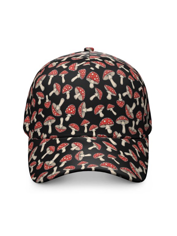 Mushroom and Toadstool Black Pattern Baseball Cap, Structured Flat Bill Hat with Snap Closure & Sweatband, Polyester Construction Gifts for Birthday Christmas Thanksgiving