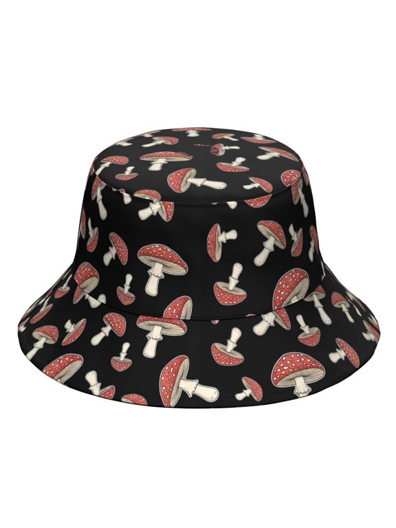 Mushroom and Toadstool Black Pattern Bucket Hat, Travel Foldable Hat with Wide Brim & Breathable Fabric, Foldable Design Gifts for Hiking Camping Fishing Beach