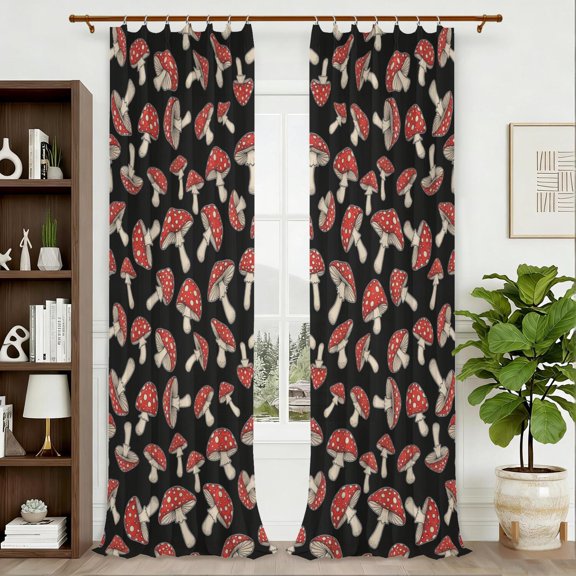 Mushroom and Toadstool Black Pattern Pinch Pleat Semi Sheer Linen Curtains, Pinch Pleat Drapes with Hooks & Rings, Privacy Sheer Gifts for Living Room Bedroom,40"x108"