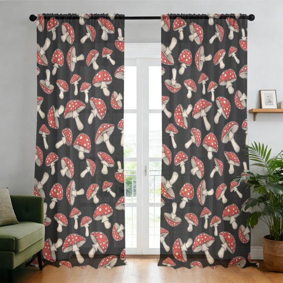 Mushroom and Toadstool Black Pattern Sheer Curtains, Rod Pocket Sheer Drapes with Dual Rod Pocket, Soft Breathable Gifts for Housewarming Holiday,52"x108"