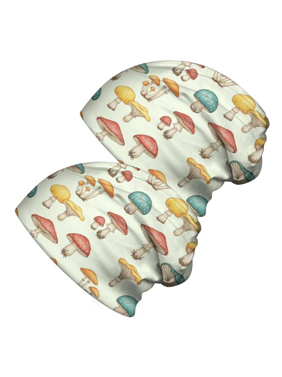 Mushroom and Toadstool Cream Pattern 2 Pack Slouchy Beanie Hat, Sleep Head Cover with Stretchy Fabric & Soft Texture, Warm Thermal Gifts for Unisex Men Women