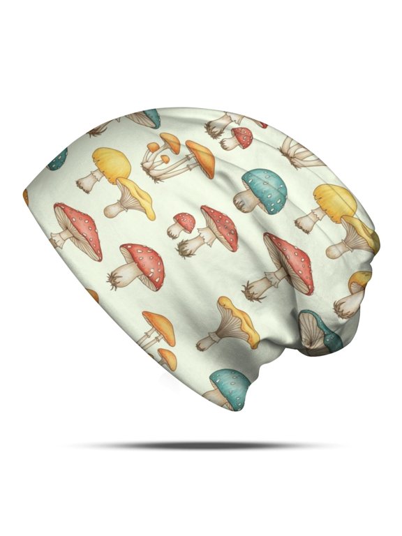 Mushroom and Toadstool Cream Pattern Slouchy Beanie Hat, Warm Winter Beanie with Stretchy Fabric & Soft Texture, Heat Retaining Gifts for Home Daily Outdoor
