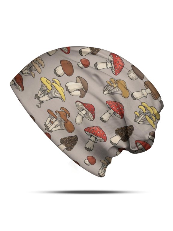 Mushroom and Toadstool Grey Pattern Slouchy Beanie Hat, Sleep Head Covering with Stretchy Fabric & Soft Texture, Thermal Warm Gifts for Home Daily Outdoor