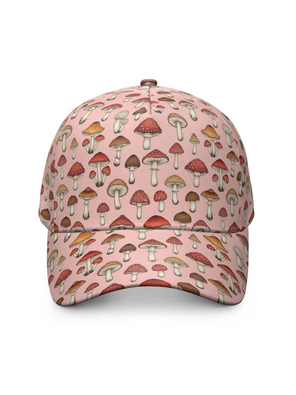 Mushroom and Toadstool Pink Pattern Baseball Cap, Sports Sun Cap with Snap Closure & Sweatband, Rigid Flat Brim Gifts for Birthday Christmas Thanksgiving