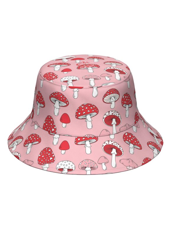 Mushroom and Toadstool Pink Pattern Bucket Hat, Beach Bucket Hat with Wide Brim & Breathable Fabric, Polyester Twill Gifts for Hiking Camping Fishing Beach