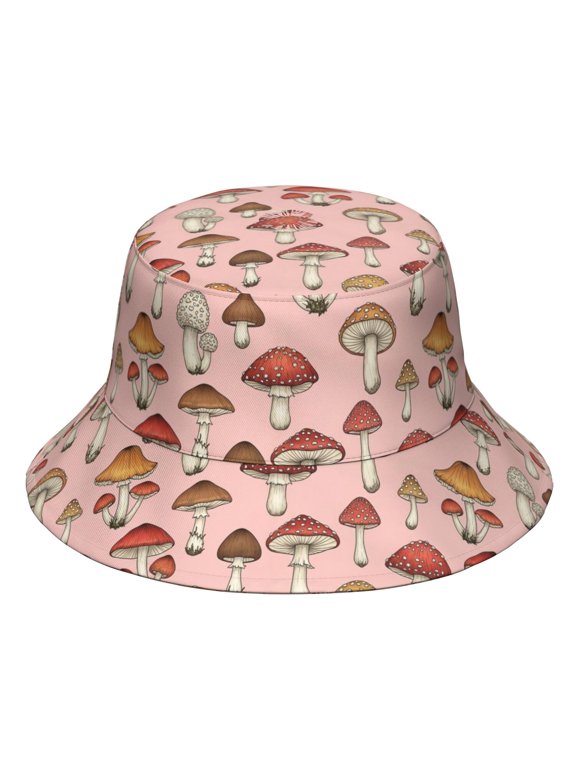 Mushroom and Toadstool Pink Pattern Bucket Hat, Fishing Hiking Cap with Wide Brim & Breathable Fabric, UV Sun Protection Gifts for Hiking Camping Fishing Beach