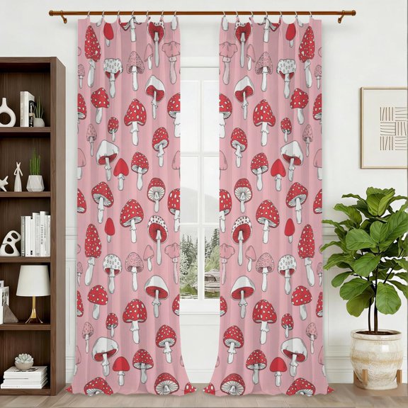 Mushroom and Toadstool Pink Pattern Pinch Pleat Semi Sheer Linen Curtains, Pleated Window Curtains with Hooks & Rings, Linen Textured Gifts for Living Room Bedroom,40"x108"