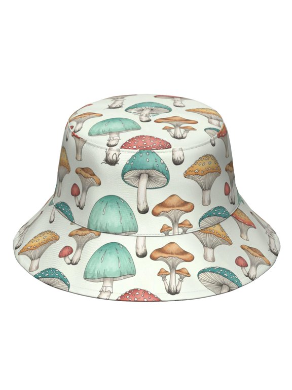 Mushroom and Toadstool White Pattern Bucket Hat, Beach Bucket Hat with Wide Brim & Breathable Fabric, Polyester Twill Gifts for Hiking Camping Fishing Beach