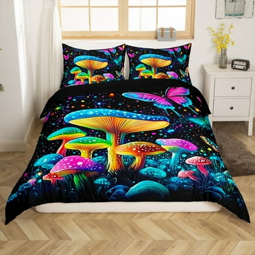 Mushroom Bedding Set Purple Butterfly Comforter Cover Teen,Hippie Botanical Plants Duvet Cover Colorful Starry Sky Quilt Cover Room Decor Zipper 2 Pcs （No Comforter）
