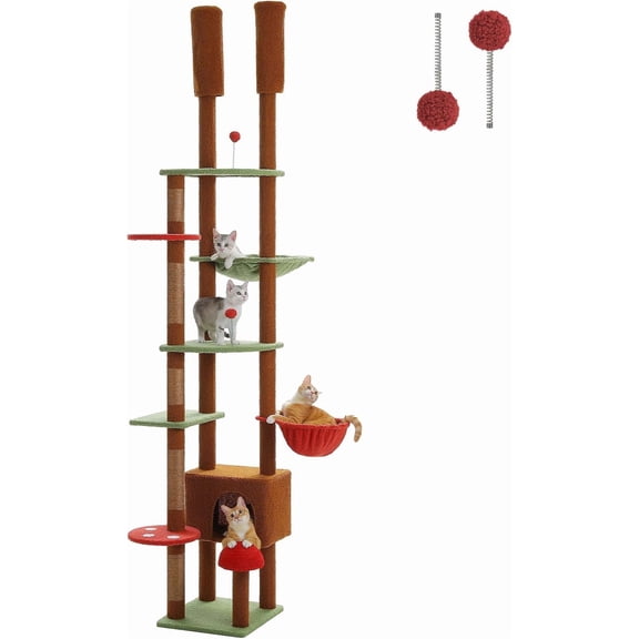 Mushroom  Tree Floor to Ceiling  Tower Adjustable Height (90.5''-100.4'' = 230cm-252cm) with  Condo, Cozy Hammock and  , Tall Activity Tree for Indoor Cats, Brown