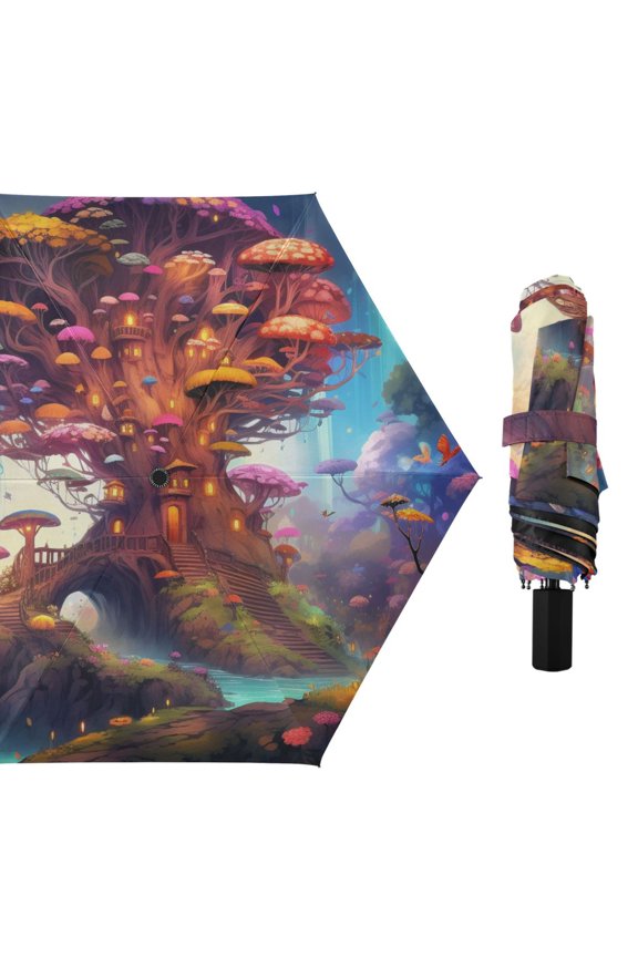 Mushroom Tree and Forest Compact Sun Umbrella Windproof Travel Umbrellas for Rain Strong Portable UV Protection