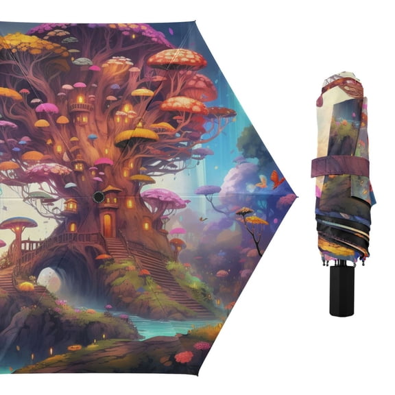 Mushroom Tree and Forest Compact Sun Umbrella Windproof Travel Umbrellas for Rain Strong Portable UV Protection