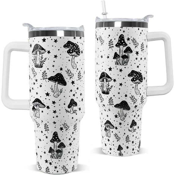 Mushroom Tumbler with Handle and Straw 40 oz Retro Gothic Mushroom Cup Coffee Travel Mug Stainless Steel Insulated Tumbler Mushroom Stuff Decor Gifts for Women