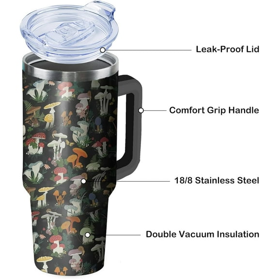 Mushroom Tumbler with Handle and Straw, 40 oz Stainless Steel Insulated Cup with Lid and Straw,Travel Coffee Mug Water Bottle, Birthday Christmas Mothers Day Gifts for Animal Lovers Women