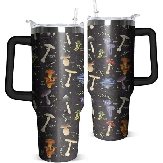 Mushroom Tumbler with Handle and Straw 40oz Mushroom Tumbler Coffee Travel Mug Mushroom Cup Leak Proof Insulated Tumbler Mushroom Stuff Gifts for Women-(black)