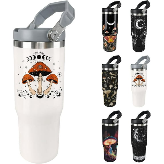Mushroom Tumbler with Handle 30oz Vacuum Insulated Mushroom Cup with Lid and Straw Mushroom Gifts for Women Men