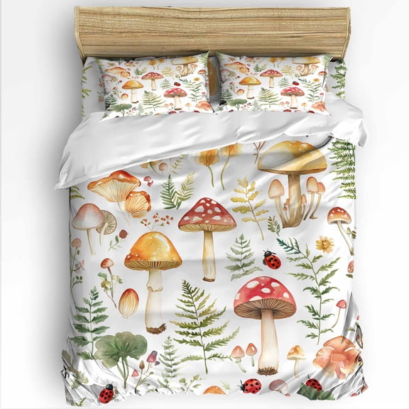 Mushroom Twin Size Comforter Set, Green Plant Ladybug Soft Bedding for All Seasons, 4 Pcs Bed Set with 1 Comforter (68"x86") ,1Sheet(66"x116"), 2 Pillowcases (19"x29")