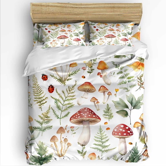 Mushroom Twin Size Comforter Set, Watercolor Leaf Ladybug Soft Bedding for All Seasons, 4 Pcs Bed Set with 1 Comforter (68"x86") ,1Sheet(66"x116"), 2 Pillowcases (19"x29")