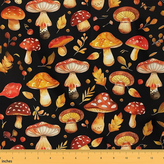 Mushroom Upholstery Fabric,Oil Painting Fungus Fabric By The Yard,Botanical Leaves Decorative Fabric,Colorful Wildlife Indoor Outdoor Fabric,Orange Red,1 Yard