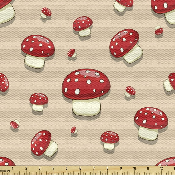 Ambesonne Polka Dots Fabric by the Yard Upholstery, Cartoon Mushrooms, 5 Yards, Ivory Red Tan