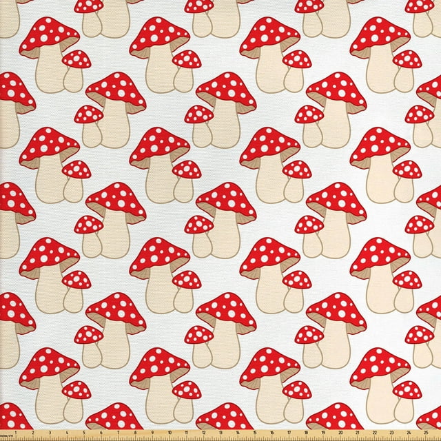 Ambesonne Mushroom Fabric by the Yard Upholstery, Cartoon Style Amanita, 2 Yards, Cream Red