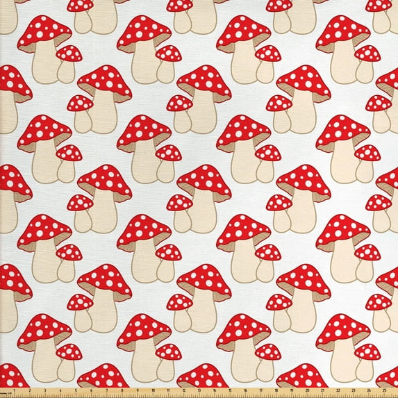 Ambesonne Mushroom Fabric by the Yard Upholstery, Cartoon Style Amanita, 3 Yards, Cream Red