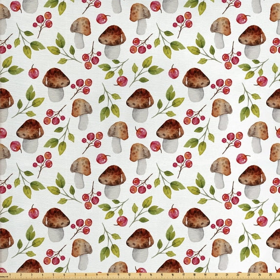 Ambesonne Mushroom Fabric by the Yard Upholstery, Forest Elements Watercolor, 10 Yards, Multicolor