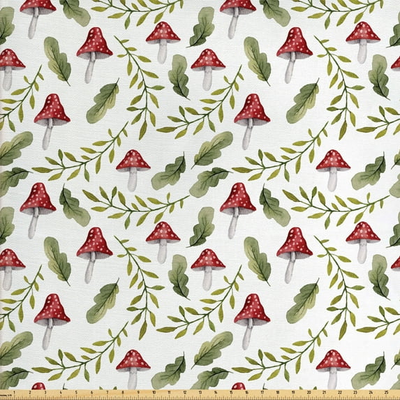 Ambesonne Mushroom Fabric by the Yard Upholstery, Leaves Forest Elements, 10 Yards, Reseda Green Ruby