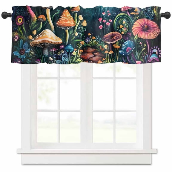 Mushroom Valances for Windows Farmhouse Kitchen Curtains Valances Rod Pocket Valance Curtains for Kitchen Windows Dream Forest Botanical Floral Plant Window Valances for Bathroom Bedroom 42"x12"