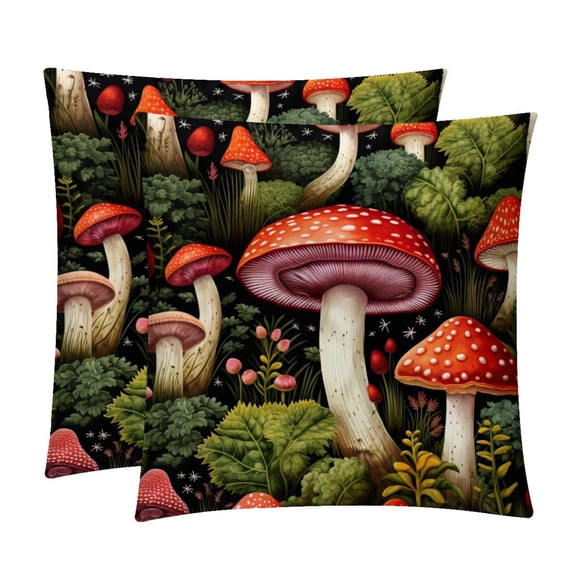 Mushroom Velvet Throw Pillow Covers with Unique Patterns - Set of 2 Throw Pillow Inserts Included for Home Decor, 16x16, 18x18, 20x20 Inches