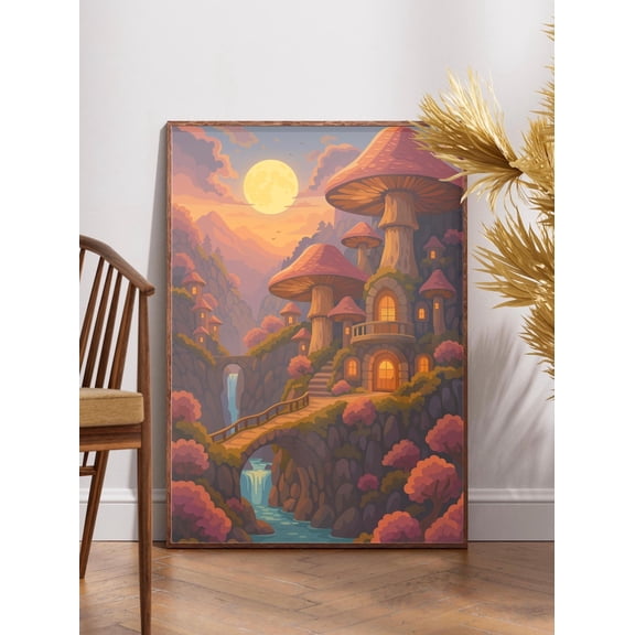 Mushroom Village Cottagecore Wall Art, Whimsical Mushroom House Illustration, Botanical Boho Forest Landscape Design, Enchanted Woodland Decor, Size 24x36, Unframed Poster
