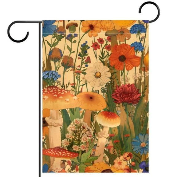 Mushroom Vintage Beige Colorful Flowers Garden Flag Double Sided House Flag for Outdoor Home, Personalized All Year Round Yard Decor 12 x 18 Inch