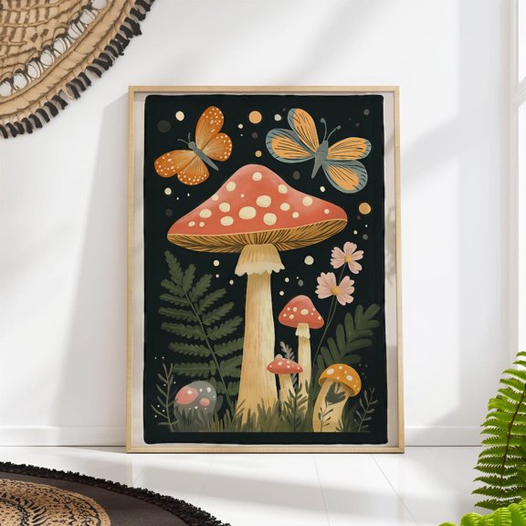 Mushroom Wall Art Cottagecore Butterfly Forest Dark Botanical Decor, Stretched Canvas 16x20in