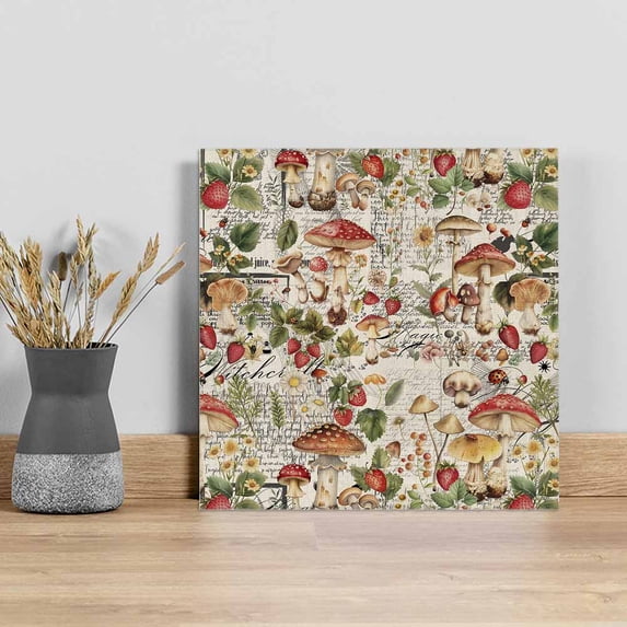 Mushroom Wall Art Painting on Canvas, Pastoral Summer Botanical Watercolor Spring Floral Canvas Art Home Prints Wall Art Framed Modern Artwork for Living Room Bedroom Wall Decor 12x12in