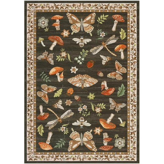Mushroom Washable Rug 5x7 Area Rugs for Living Room, Insect Print Rug for Bedroom, Non Slip Throw Carpet with Rubber Back, Soft Low Pile Dining Room, Brown