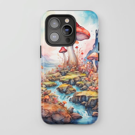 Mushroom Waterfall For All iPhone Series Tough Phone Case Watercolor Nature Multi-color
