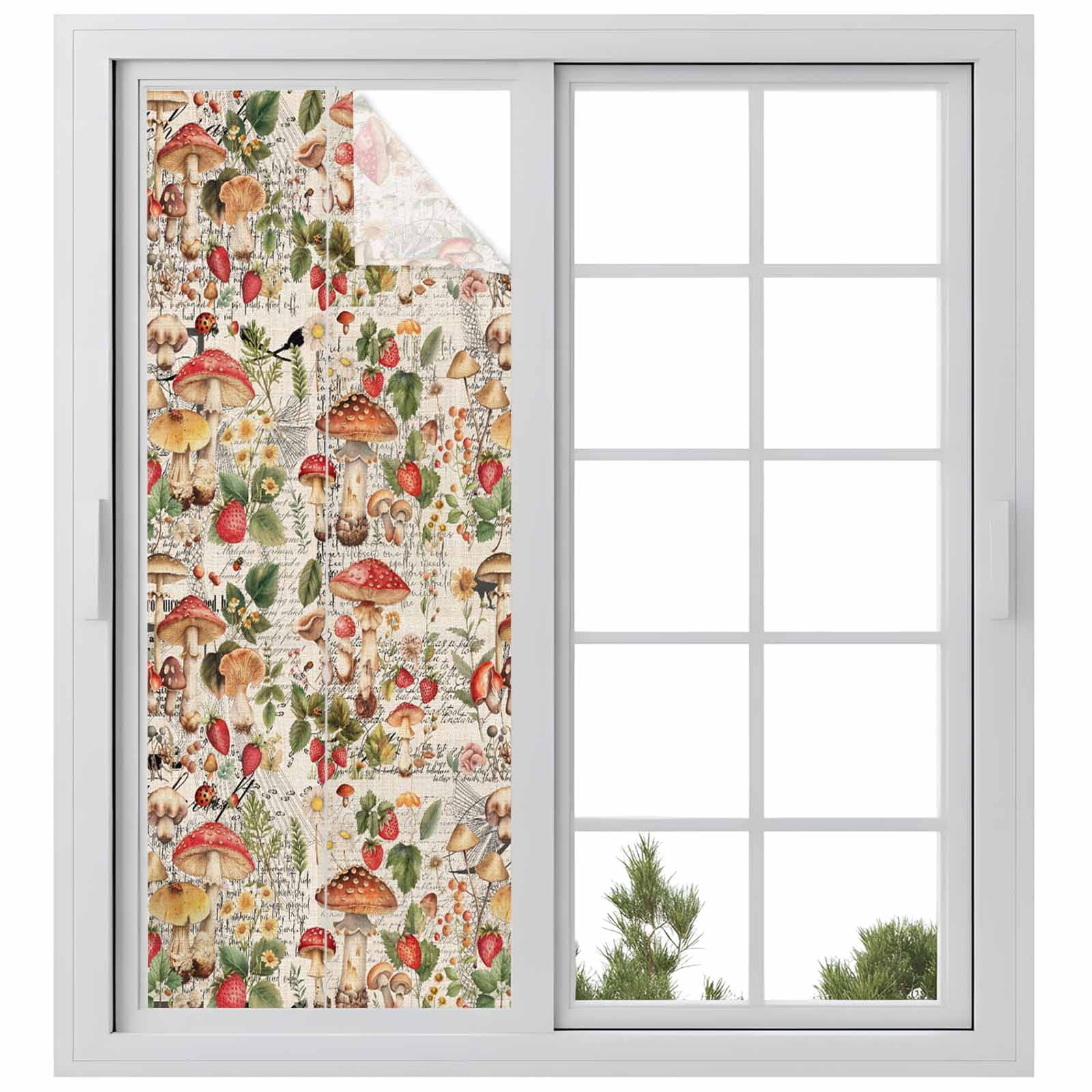 Mushroom Window Privacy Film, Pastoral Summer Botanical Watercolor Spring Floral Static Cling UV Sun Blocking Heat Control Window Tint, Non-Adhesive One Way Windows Privacy Cover 23.6''x59''