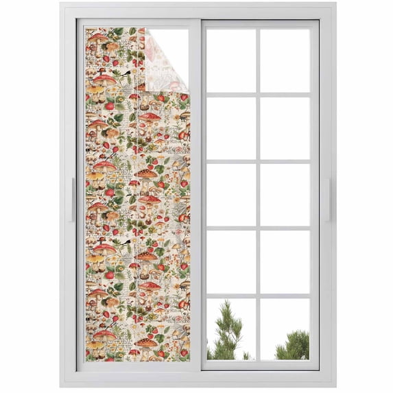 Mushroom Window Privacy Film, Pastoral Summer Botanical Watercolor Spring Floral Static Cling UV Sun Blocking Heat Control Window Tint, Non-Adhesive One Way Windows Privacy Cover 17.7''x78.7''