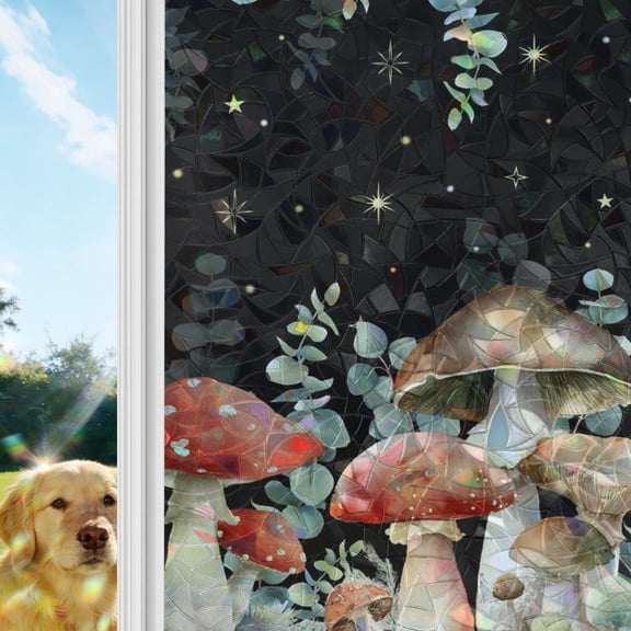 Mushroom Window Privacy Film Stain Glass,Decorative Rainbow Window Film,Watercolor Botanical Sage Green Eucalyptus Leaves Static Cling Sun Blocking Stickers Decals Covers 17.7" x 39.3" (2pcs)