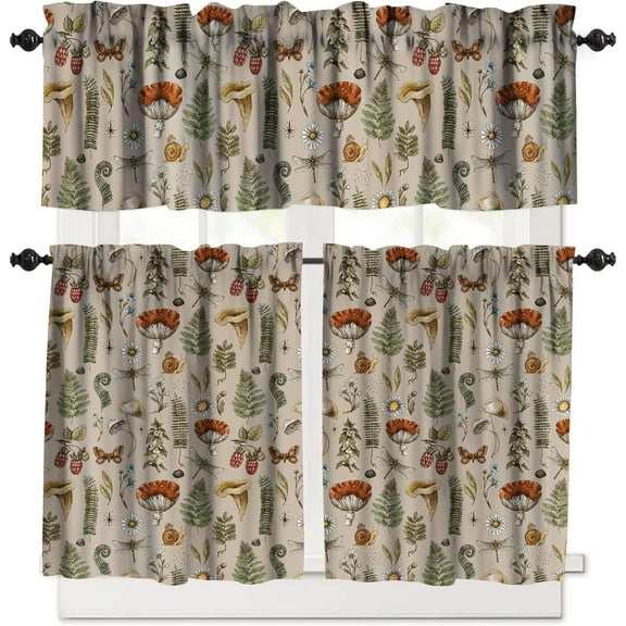 Mushroom Window Valance 3 Piece Set,Vintage Woodland Vanilla Print Decorative Curtains for Bedroom Kitchen Cafe,Brown, Style-10