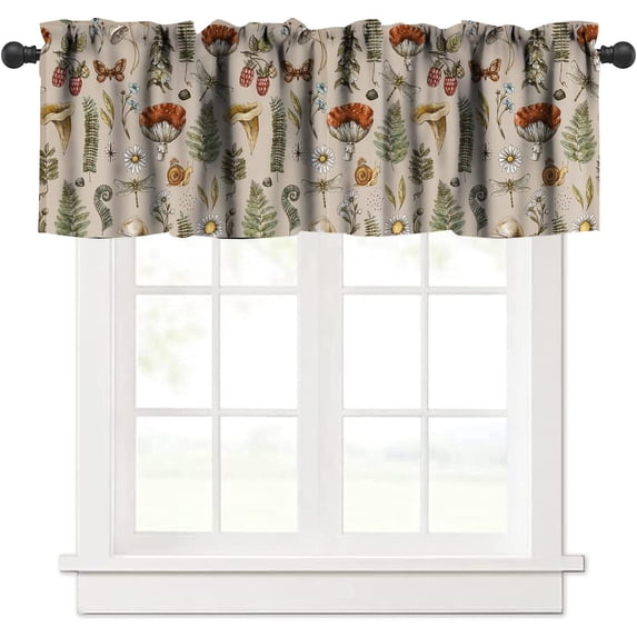Mushroom Window Valance,Vintage Woodland Vanilla Print Decorative Curtains Valance for Bedroom Kitchen Cafe,Brown 54x18in