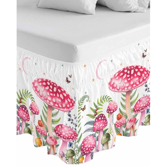 Mushroom Wrap Around Bed Skirts for Queen Bed 18" Drop, Bed Skirt with Adjustable Elastic Belt Dust Ruffle Bed Valance for Bedroom Hotel Luxury Pink Butterfly Rustic Botanical Leaf Bed Frame Cover