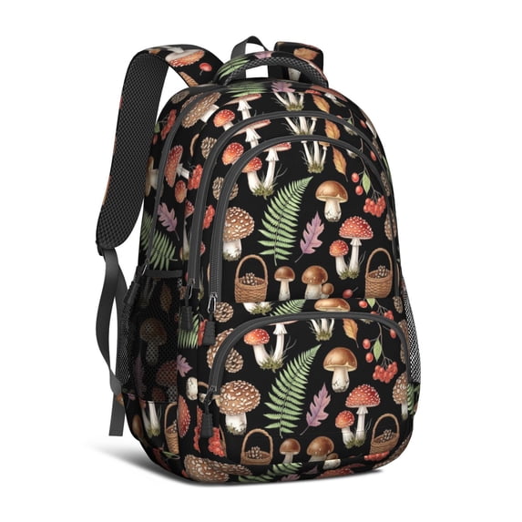 Mushroom and Basket Black Pattern Cute School Backpack Bag with Padded Back and Adjustable Shoulder Straps 16.9 X 12.6 X 5.9 Inches